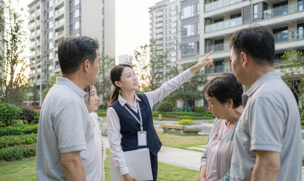 房产中介员工穿深蓝色工装马甲在小区带客户看房